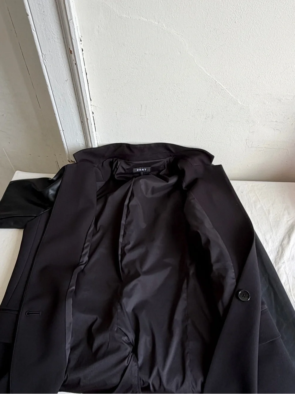 DKNY Black Mixed Media Blazer Jacket with Faux Leather Sleeves